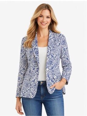 Talbots Blue White Printed Blazer lightweight NWT Stretch Tailored Jacket Sz M